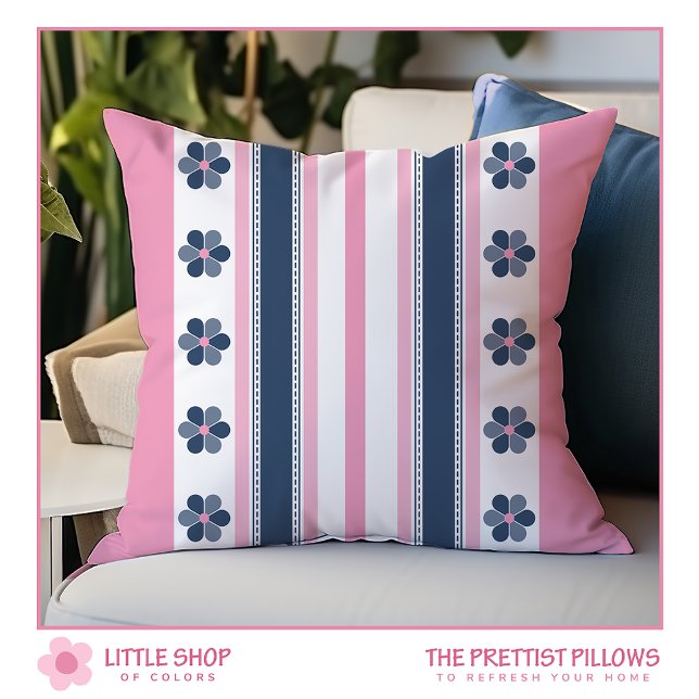Coussin Rose Moderne Bandes Bleues et Floral (Créateur téléchargé)