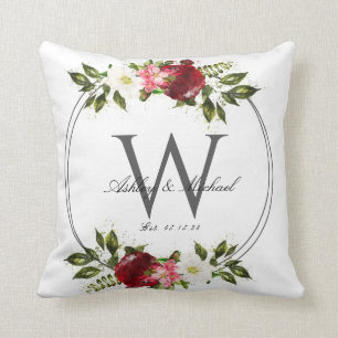 Coussin Rose moderne Wreath Monogram Mariage Keepsaké