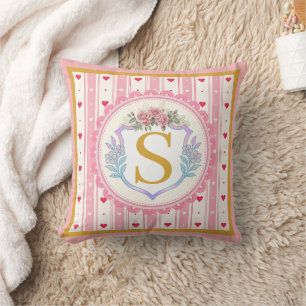 Coussin Rose Monogramme Aquarelle Rose Clair Romantique