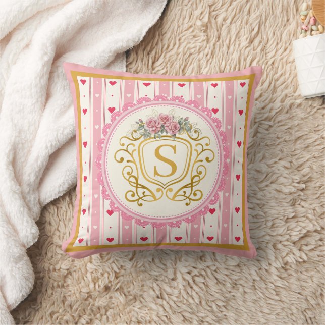 Coussin Rose Monogramme Aquarelle Rose Clair Romantique (Couverture)