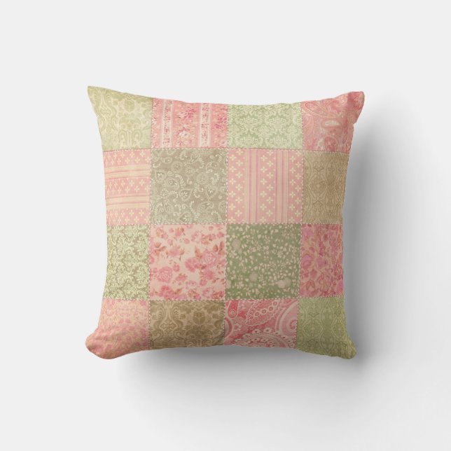 Coussin Rose, motif floral d'édredon de patchwork de vert (Recto)