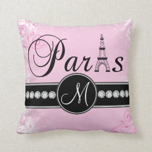 Coussin rose mou de monogramme de Paris de noir de