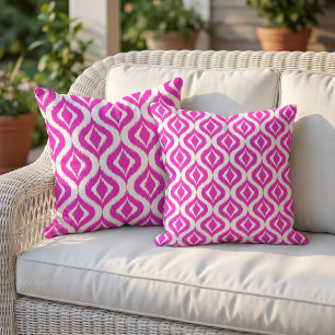 Coussin Rose Néon Chaud Clair Motif Ogee Ikat Rétro Chic