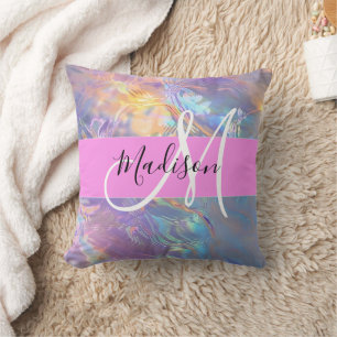 Coussin Rose Nom Monogramme Holographique Iridescent