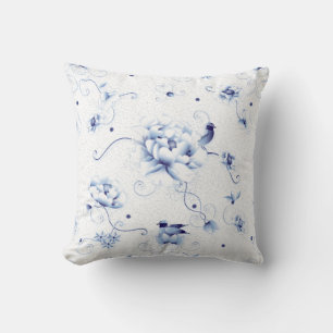 Coussin Rose Oiseau Bleu Chinoiserie Florale
