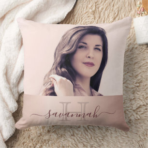 Coussin Rose or blush photo monogramme nom initial