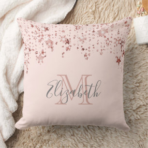 Coussin Rose or étoiles girly rose nom monogramme