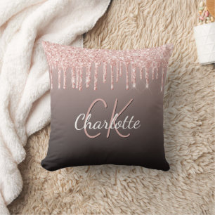 Coussin Rose or noir parties scintillant gouttes nom monog