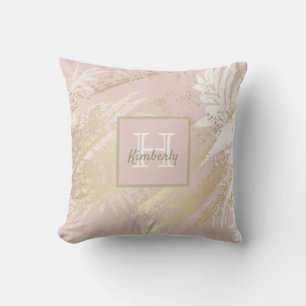 Coussin Rose or palmier feuille blanc monogramme