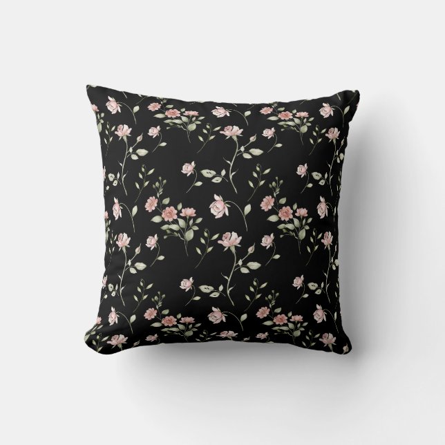 Coussin Rose Pâle Aquarelle Floral Noir  (Recto)