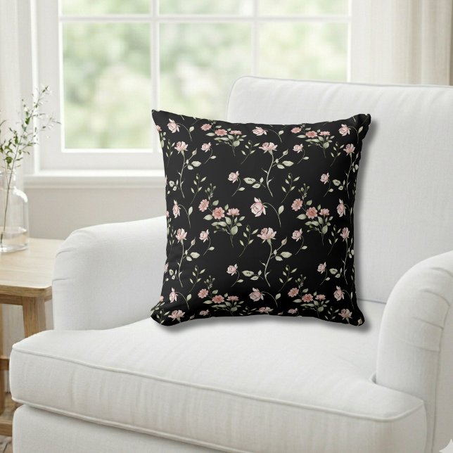 Coussin Rose Pâle Aquarelle Floral Noir  (Créateur téléchargé)