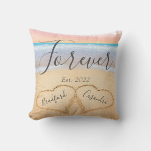 Coussin Rose Pâle Élégant Plage Couple Cœurs Sable 