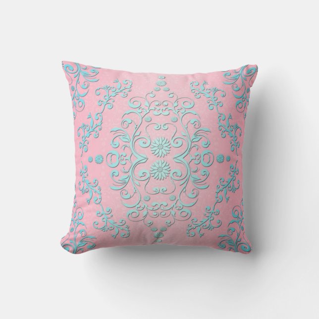 Coussin Rose Pâle et Damassé Féminin Bleu Poudré (Recto)