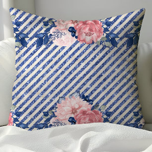 Coussin Rose Pâle et Rayures Florales Pailletées Navy
