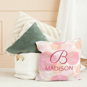 Coussin Rose Pâle Faux Paillettes Dorées Monogramme Nom