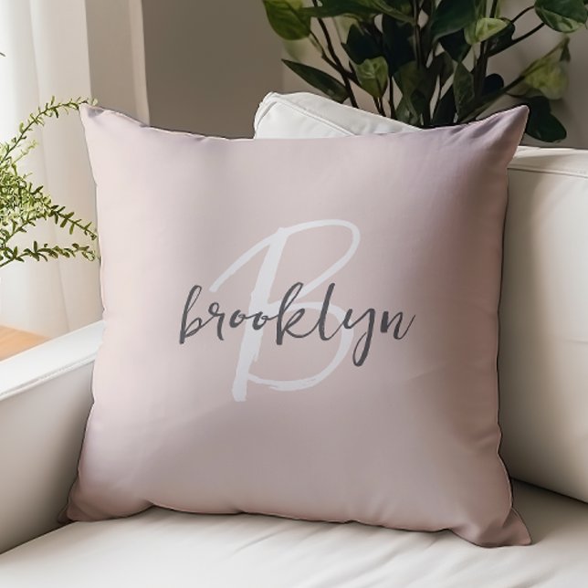 Coussin Rose Pâle Gris Blanc Monogramme (Créateur téléchargé)