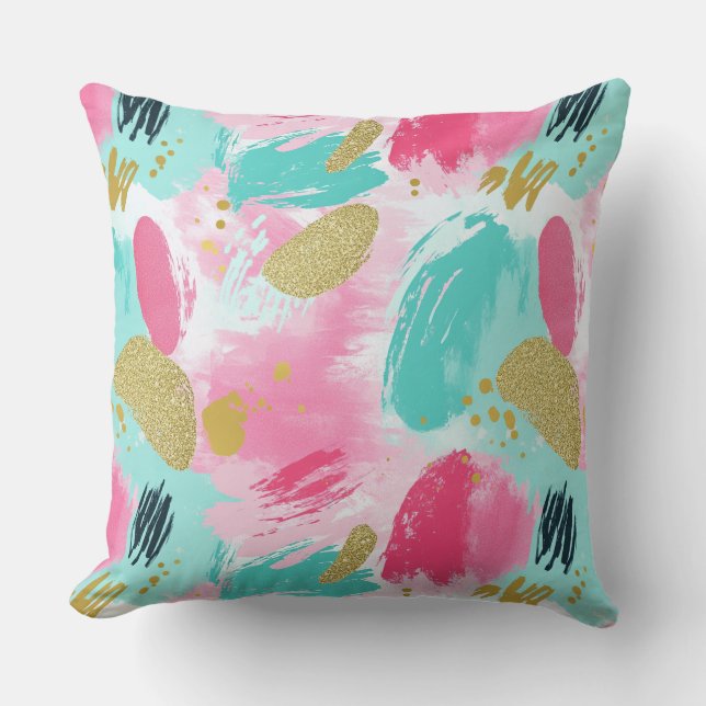 Coussin Rose Pâle Menthe Douce Abstrait Pinceaux de Printe (Recto)