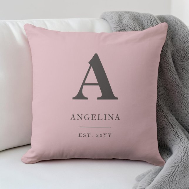 Coussin Rose Pâle Monogramme Initiale Année de Création Mo (Blush Pink Custom Est Year Modern Monogram Initial Throw Pillow)