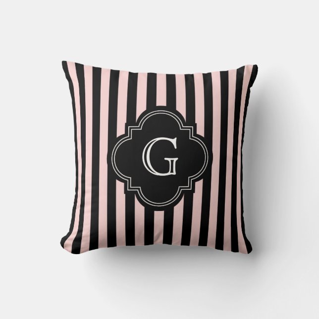 Coussin Rose Pâle, Motif Rayure Noire Monogramme (Recto)