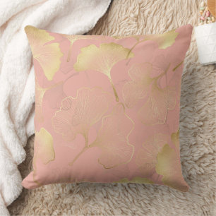Coussin Rose Pâle Or Feuilles De Ginkgo Élégant Botanique