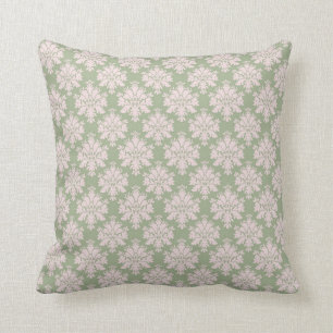 Coussin rose pâle sur sauge vert orné damassé motif