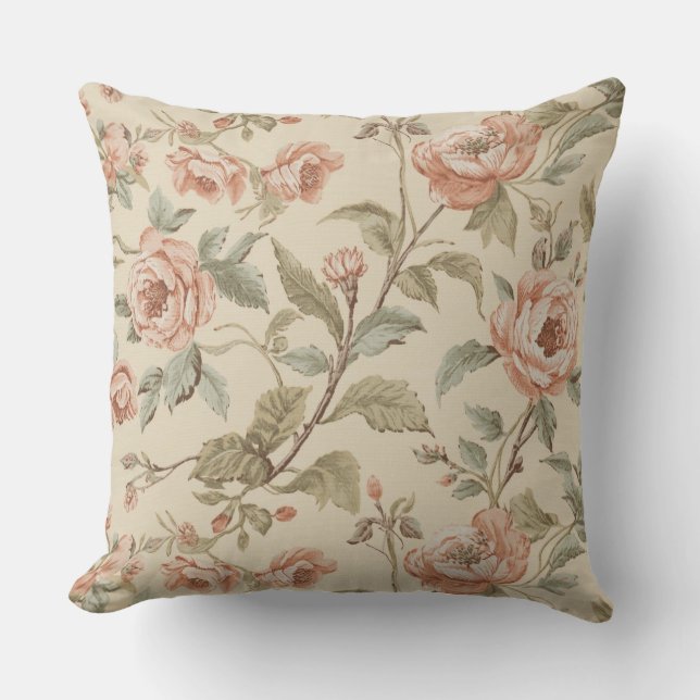 Coussin Rose Pâle Vert Sauge Beige Floral Chic Usé (Recto)