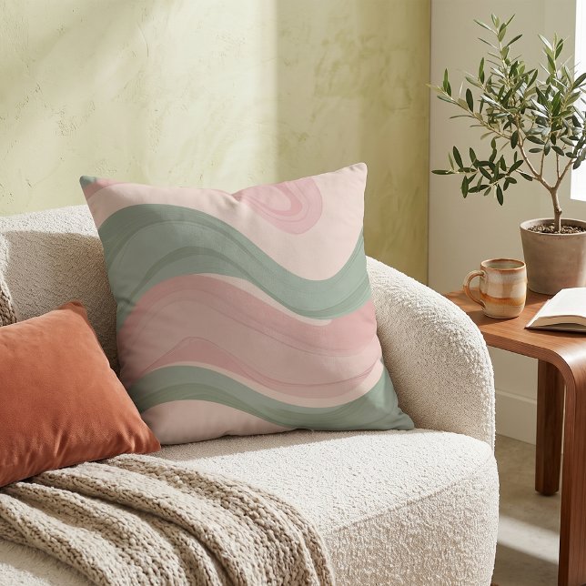 Coussin Rose Pâle Vert Sauge Motif Abstrait Ondulé (Créateur téléchargé)