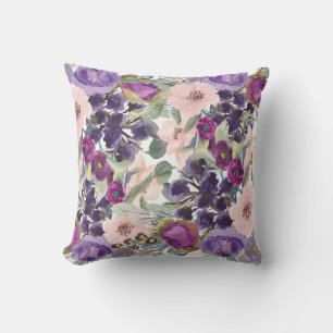 Coussin Rose Pâle Violet Aquarelle Floral Vert Sauge