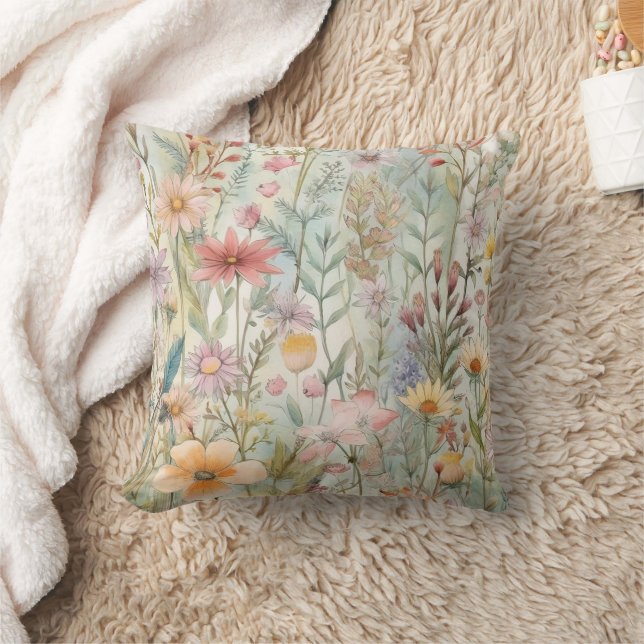 Coussin Rose Pâle Violet Jaune Fleurs Sauvages Sage Vert  (Couverture)