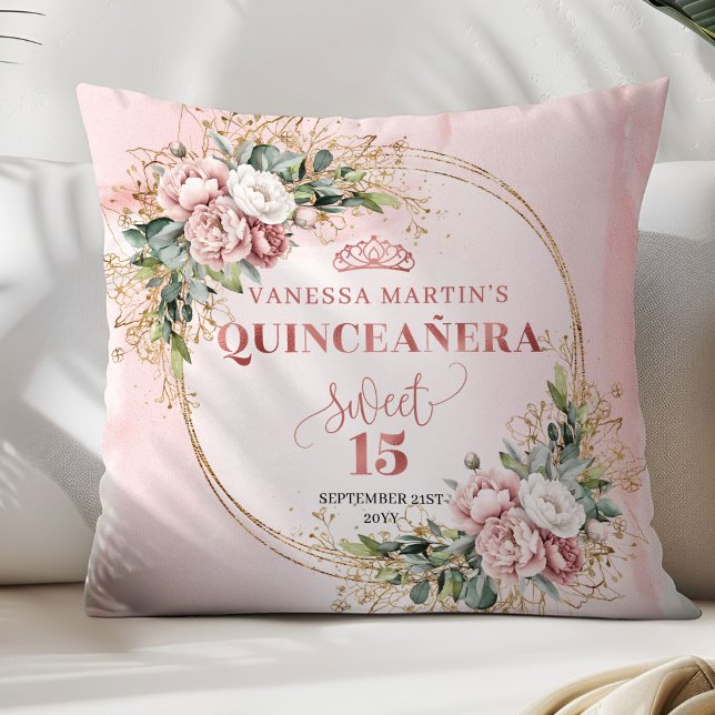 Coussin Rose Parfaite Cadeau Rose Doré Floral Douce 15 Ore (Perfect Gift Rose Gold Floral Sweet 15 Pillow)