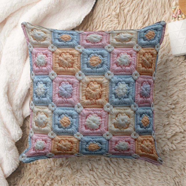Coussin Rose pastel bleu ivoire orange aspect crochet (Couverture)