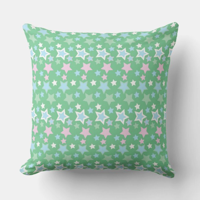 COUSSIN ROSE PASTEL BLEU VERT BLANC ÉTOILES ET RAYURES (Recto)