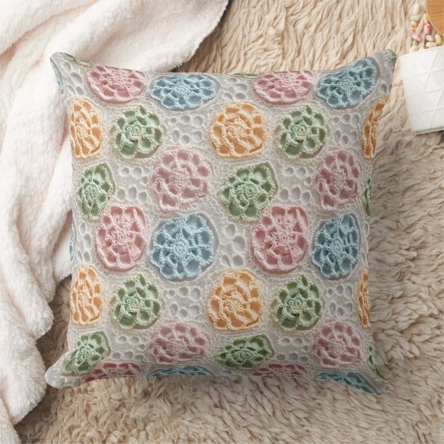 Coussin Rose pastel bleu vert orange aspect crochet (Couverture)