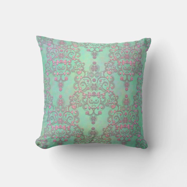 Coussin Rose pastel sur floral damask vert menthe (Recto)
