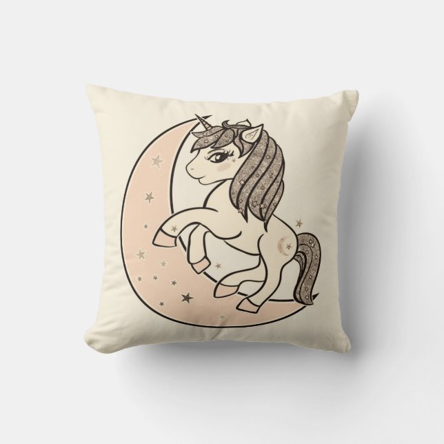 Coussin Rose Pêche Blush Céleste Lune et Étoiles Licorne (Recto)