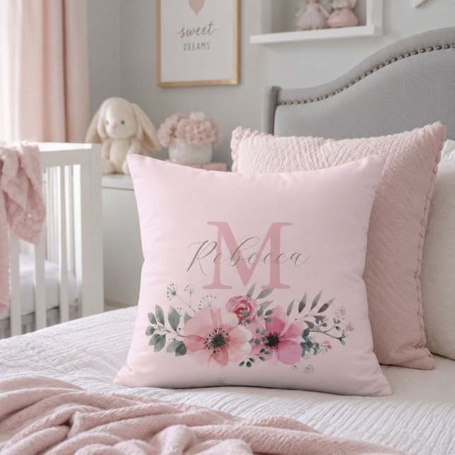 Coussin Rose poudré chic botanique aquarelle florale  (Botanical chic blush pink watercolor floral throw pillow)