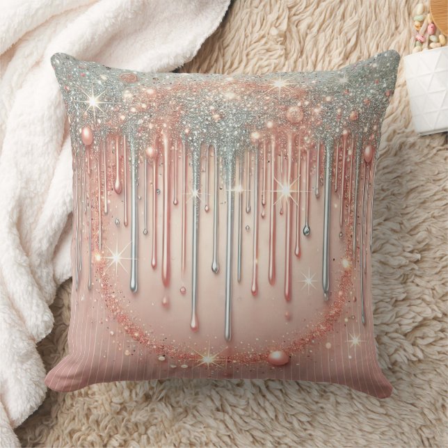 Coussin Rose Poudré Élégant & Glitter Drip Argenté (Couverture)