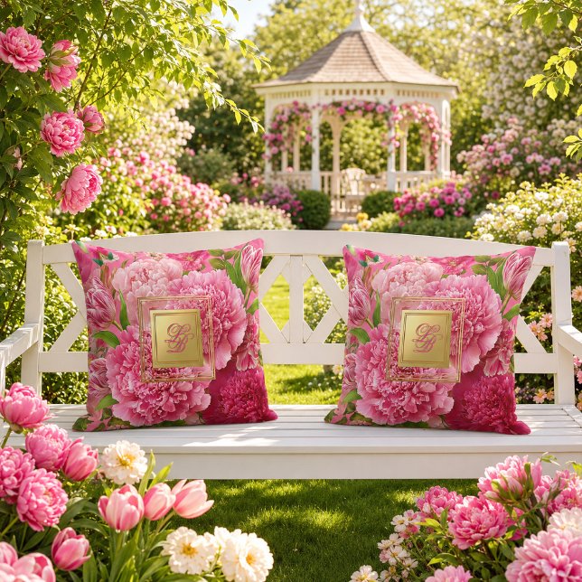 Coussin Rose Poudré et Tulipe Paonée Monogrammée  (Beautiful Outdoor/Patio /Porch Pink and Green Monogrammed Floral Pillow )