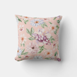 Coussin Rose Poussiéreux Aquarelle Fleurs Lavande et Pêche