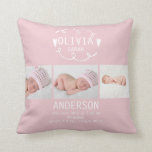 Coussin rose poussiéreux de faire-part de<br><div class="desc">Ce coussin de faire-part de naissance comporte un motif tiré par la main blanc de remous et de coeurs sur un arrière - plan rose poussiéreux. Il y a pièce pour trois photographies de votre petite fille. Les cartes et les photocards semblables de faire-part de naissance de conception sont disponibles...</div>