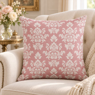 Coussin Rose Poussiéreux et Damassé Vintage Blanc