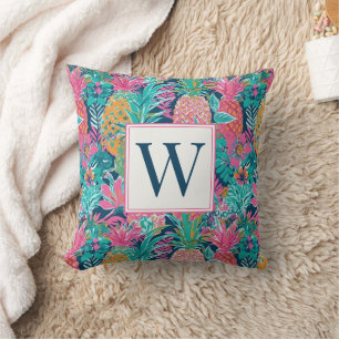 Coussin Rose Prépa Turquoise Bleu Marine Ananas Monogramme