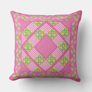 Coussin Rose, primevères, polkas et guingan