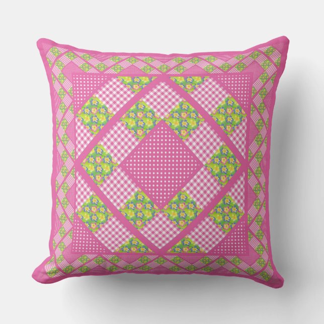 Coussin Rose, primevères, polkas et guingan (Recto)