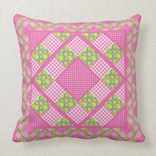 Coussin Rose, primevères, polkas et guingan