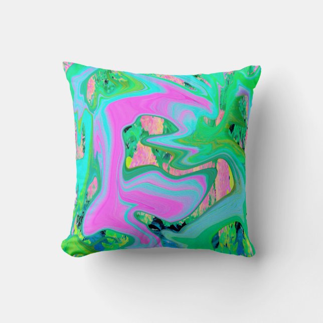 Coussin Rose Rétro et Art Liquide Bleu Clair sur Hydrangea (Recto)