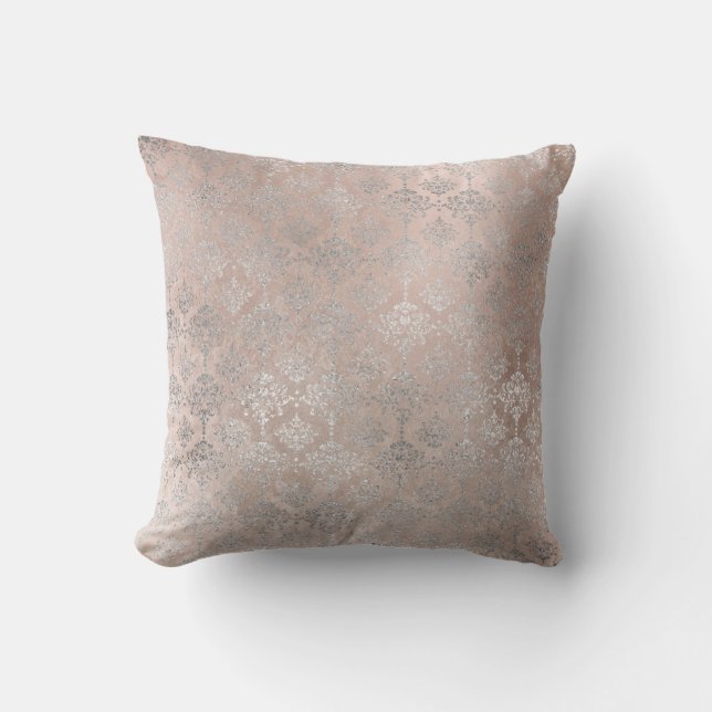 Coussin Rose Rose Blush Poudre Grungy Silver Gris Damask (Recto)