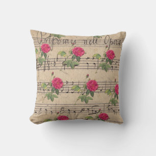 Coussin Rose rose et vertes feuille de musique de vélo lan