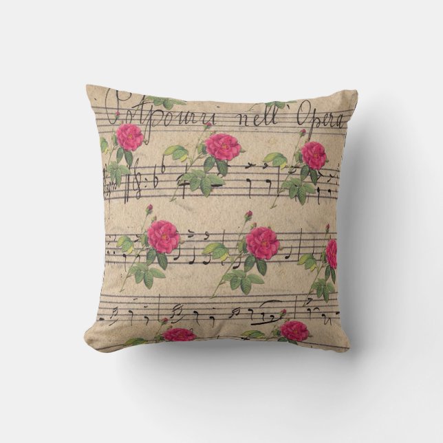 Coussin Rose rose et vertes feuille de musique de vélo lan (Recto)