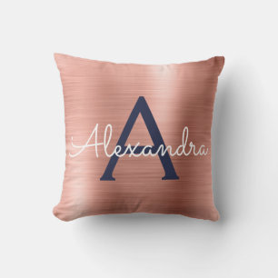 Coussin Rose Rose Gold Navy Blue Monogramme Nom